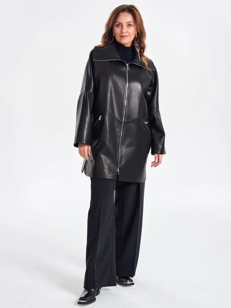 Женское кожаное полупальто оверсайз премиум класса 3057, черное, размер 52, артикул 64020-5