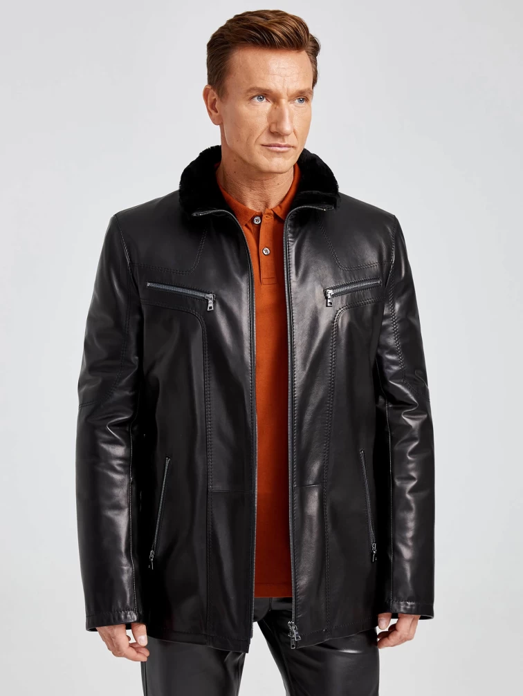 Зимняя мужская кожаная куртка на подкладке из овчины премиум классса 537мех, черная, размер 52, артикул 40411-0