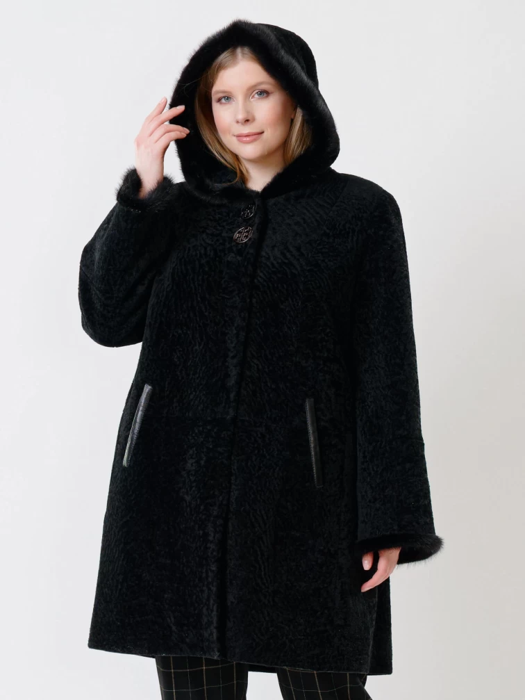 Шуба из астрагана женская с капюшоном и мехом норки 47мех, черная, размер 52, артикул 13560-2