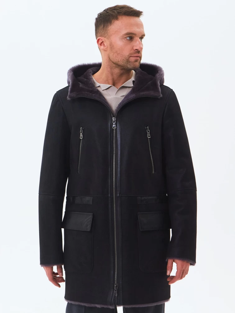 Длинная мужская дубленка с капюшоном премиум класса 429, черная, размер 48, артикул 71461-3