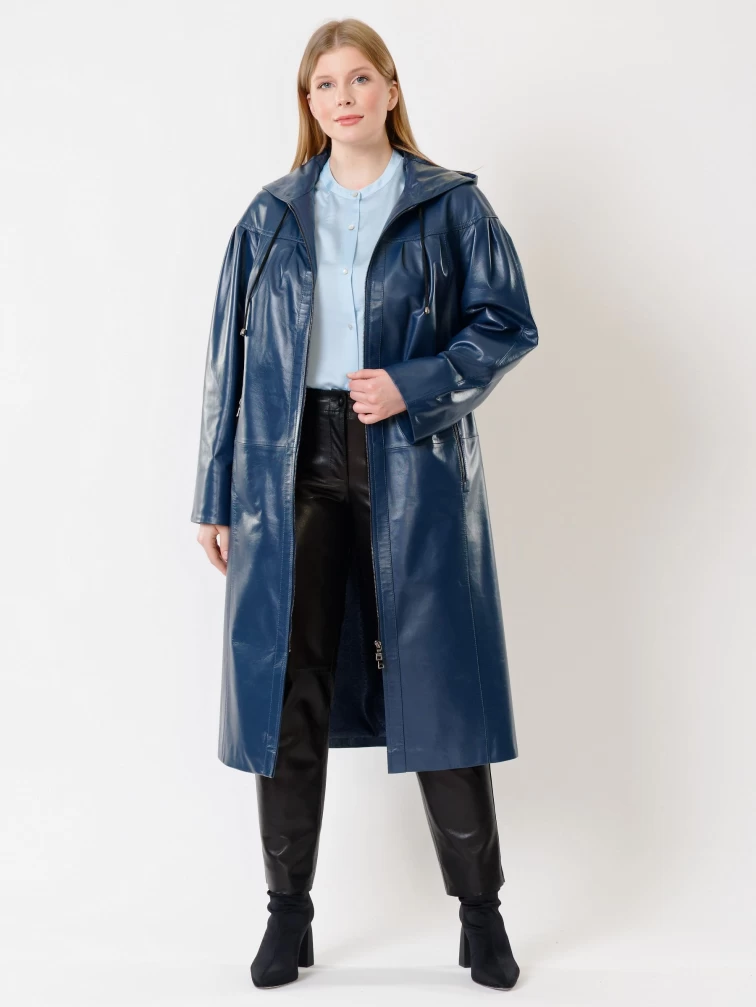 Кожаный длинный женский плащ с капюшоном 3009, синий, размер 48, артикул 91381-5