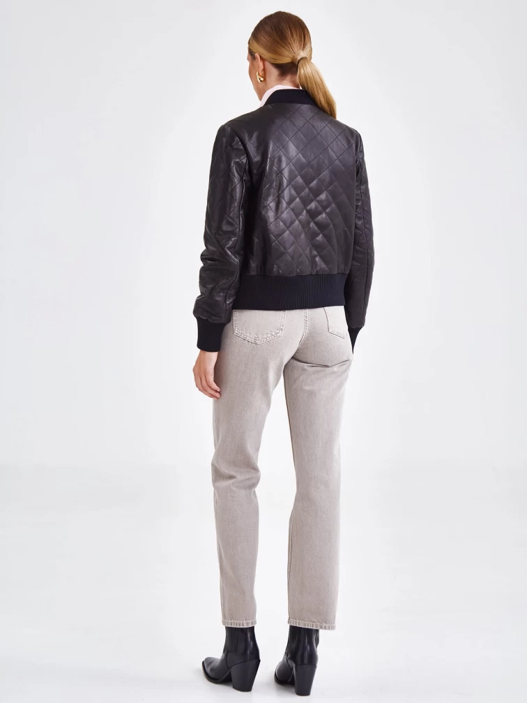 Кожаный стеганый женский бомбер премиум класса 3042, черный, размер 50, артикул 23251-6