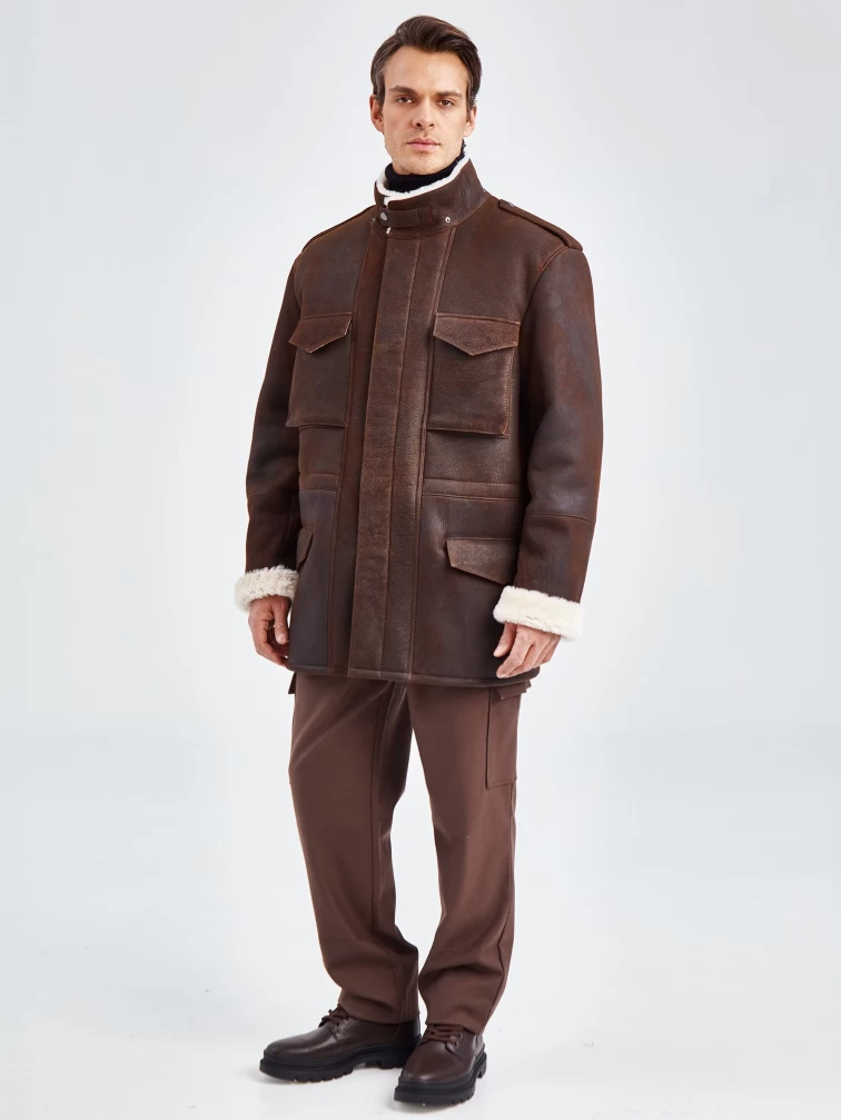 Дубленка мужская с капюшоном премиум класса 433, коричневая, размер 48, артикул 70750-5
