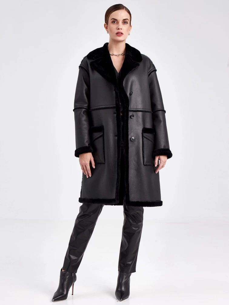 Женское полупальто оверсайз из натуральной овчины премиум класса 2014, черное, размер 44, артикул 63770-4