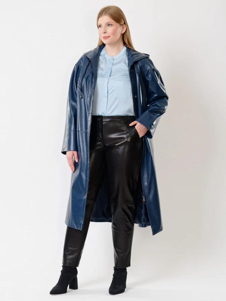 Кожаный длинный женский плащ с капюшоном 3009, синий, размер 48, артикул 91381-1