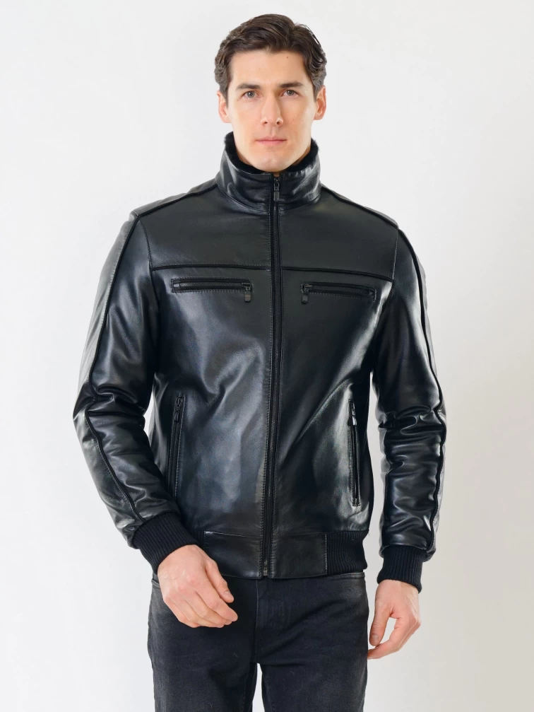 Мужская зимняя кожаная куртка на подстежке из овчины 515, черная, размер 50, артикул 40841-5