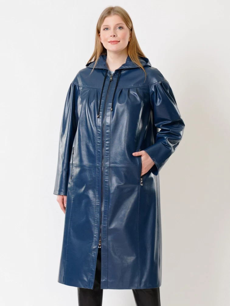 Кожаный длинный женский плащ с капюшоном 3009, синий, размер 48, артикул 91381-6