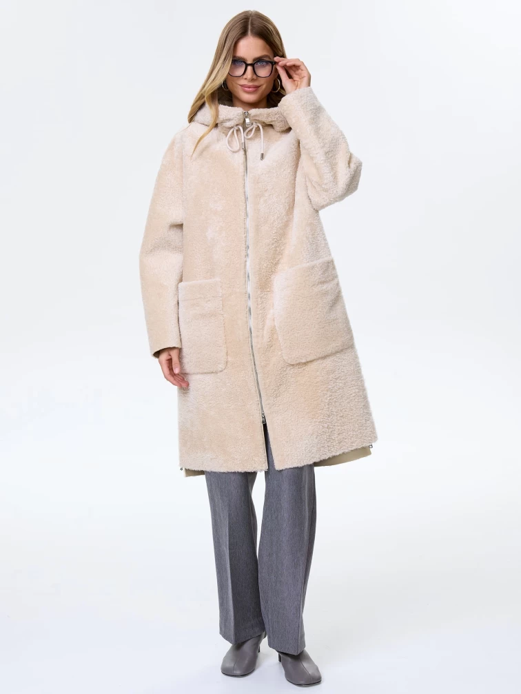 Длинное пальто из натуральной овчины астрагана с капюшоном для женщин премиум класса 2059, бежевое, размер 44, артикул 64340-1