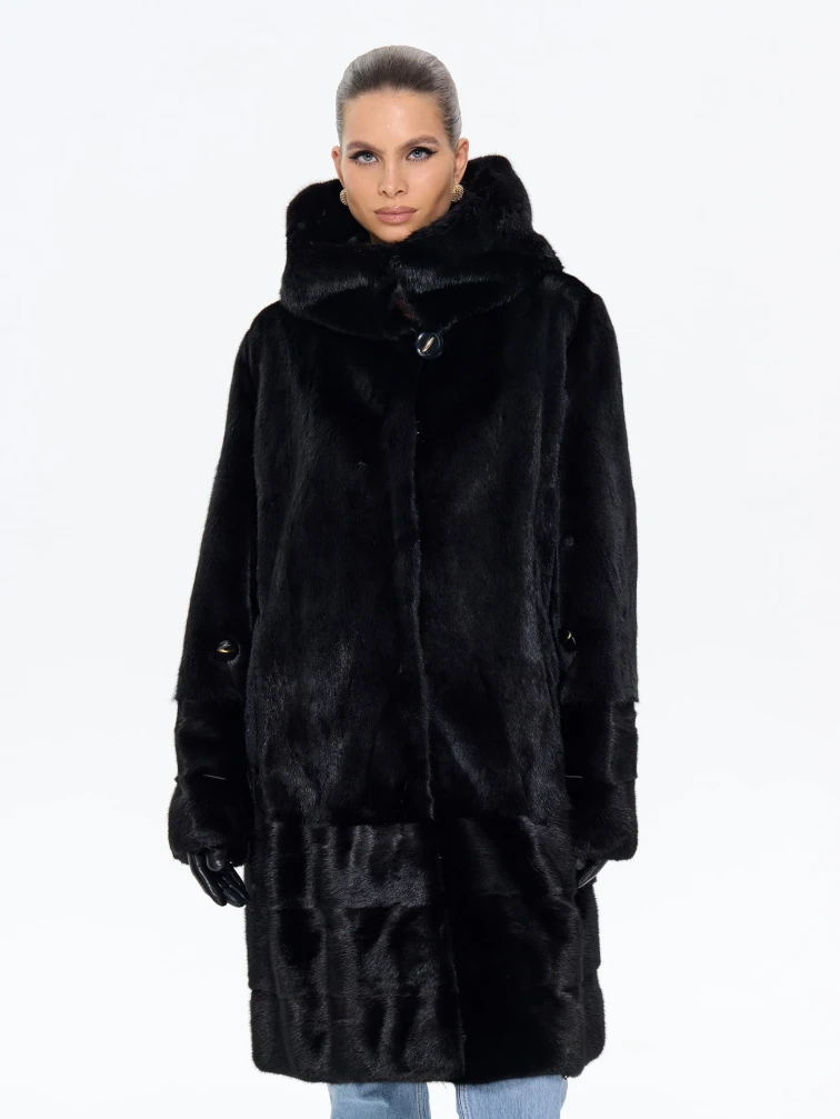 Длинная норковая женская шуба с капюшоном М-102- 664, черная, размер 56, артикул 65360-4