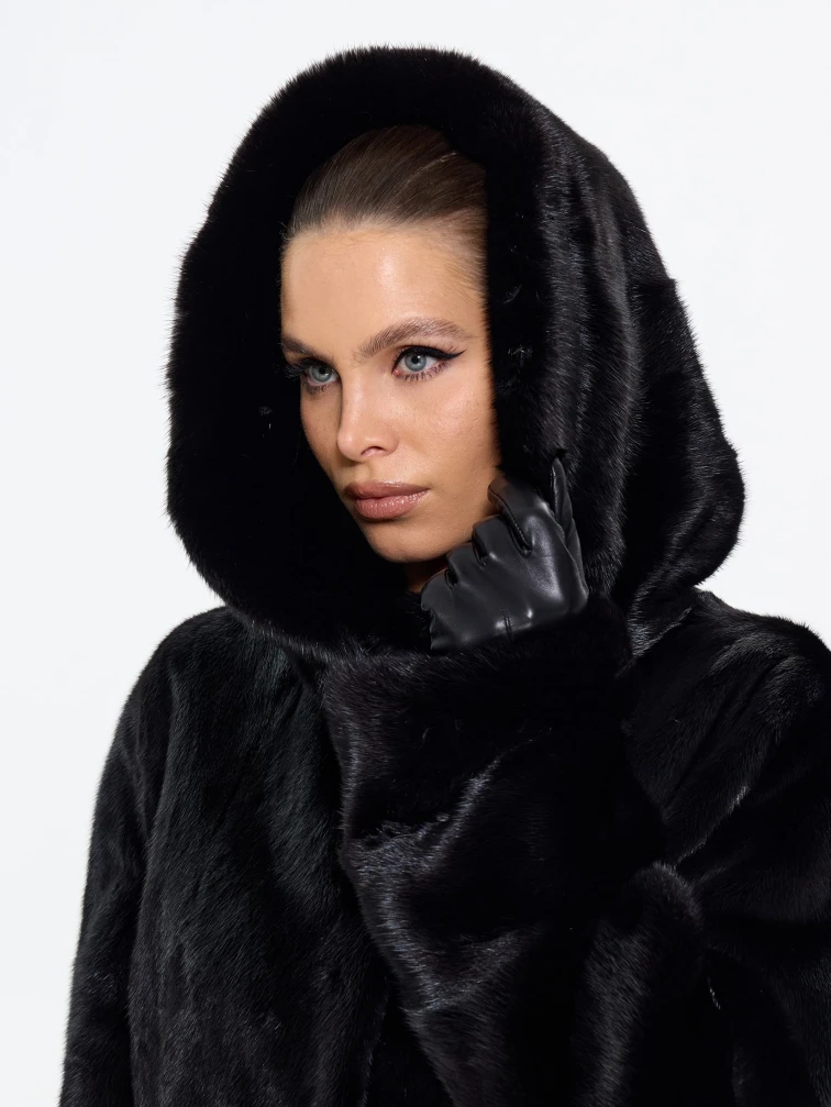 Длинная норковая женская шуба с капюшоном М-102- 664, черная, размер 56, артикул 65360-3