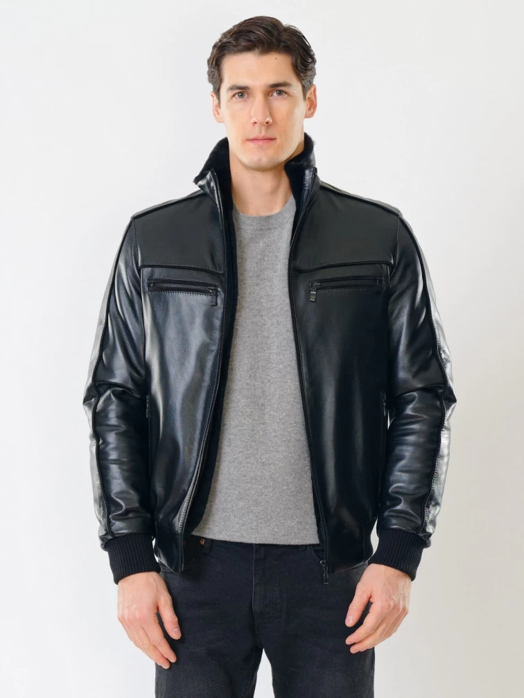 Мужская зимняя кожаная куртка на подстежке из овчины 515, черная, размер 50, артикул 40841-2