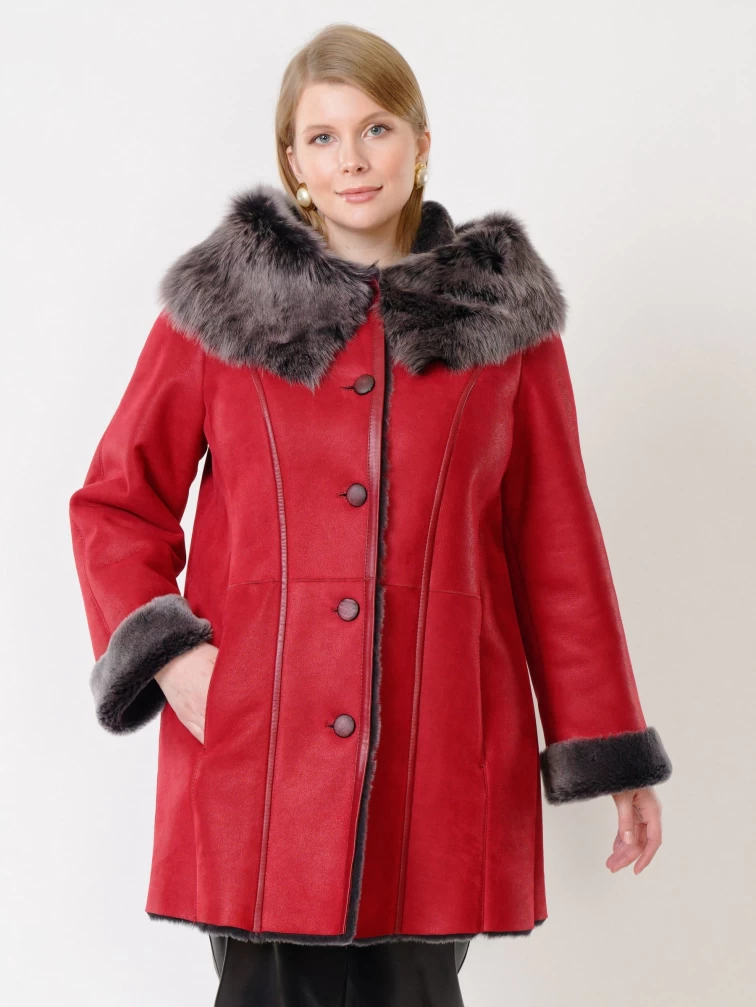 Женская дубленка с капюшоном из тосканы 270, красная, размер 46, артикул 14710-1