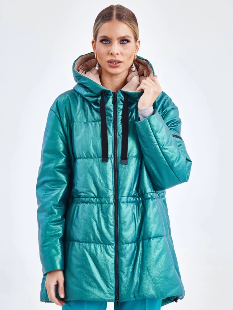 Кожаный женский пуховик оверсайз с капюшоном премиум класса 3021, зеленый, размер 48, артикул 25320-0