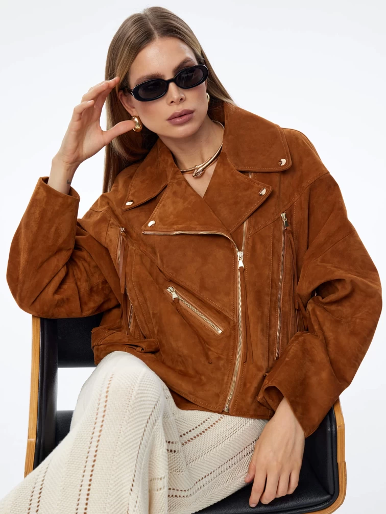 Короткая женская замшевая куртка косуха премиум класса 3051з, виски, размер 46, артикул 23920-4