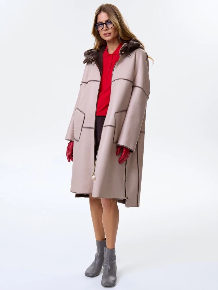 Стильная женская дубленка оверсайз с капюшоном премиум класса 2052, бежевая, размер 46, артикул 62460-6