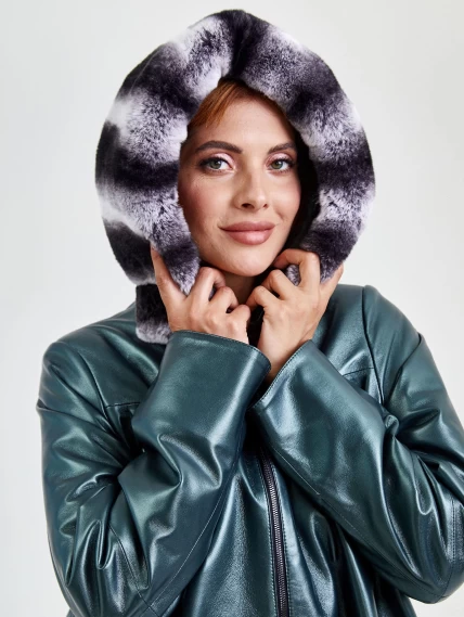 Кожаная женская куртка с капюшоном и мехом "рекса" 308уш, зеленый, размер 56, артикул 91751-3