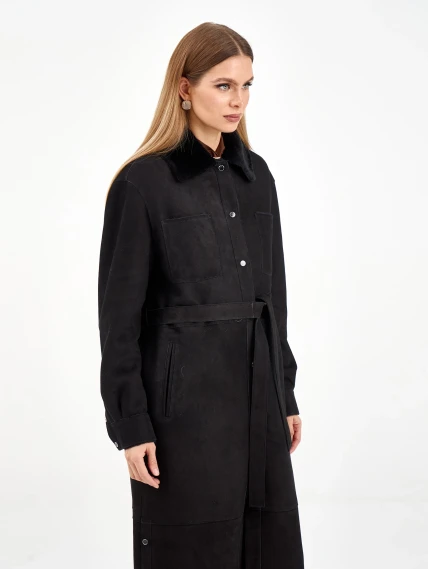 Длинная замшевая женская дубленка 2086, черная, размер 44, артикул 64980-2