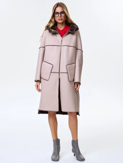 Женское полупальто с капюшоном из натуральной овчины премиум класса 2052, бежевое, размер 46, артикул 64280-1