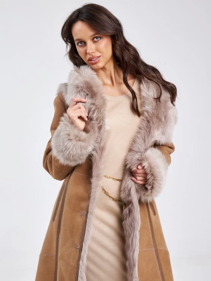Женское пальто из натуральной овчины с капюшоном 132, бежевое, размер 44, артикул 62860-3