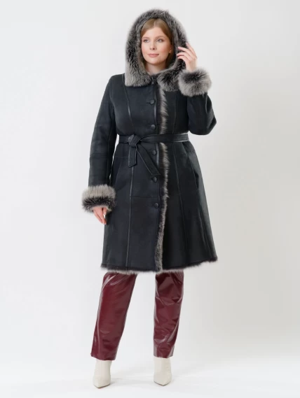 Длинная женская дубленка из тосканы с капюшоном 123нк, черная, размер 52, артикул 61132-1