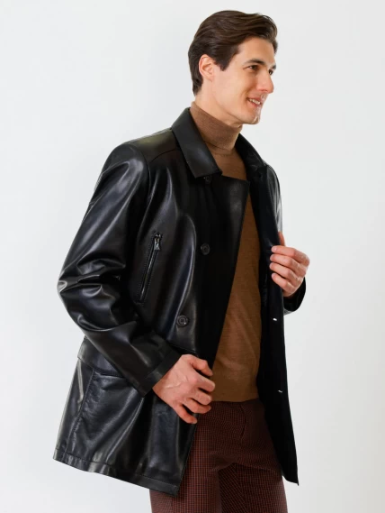 Двубортный мужской кожаный бушлат премиум класса 538, черный, размер 58, артикул 28670-6