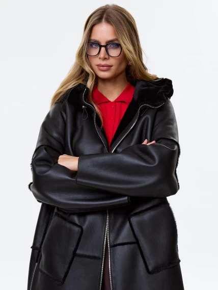 Женское полупальто с капюшоном из натуральной овчины премиум класса 2052, черное, размер 52, артикул 64290-0