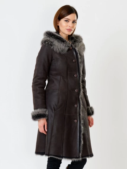 Длинная женская дубленка из тосканы с капюшоном 123нк, коричневая, размер 56, артикул 61901-6