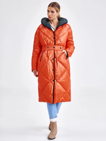 Длинный женский кожаный пуховик с капюшоном премиум класса 3026, оранжевый, размер 50, артикул 25350-0