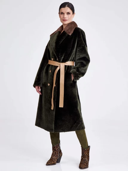 Двубортная двусторонняя женская дубленка из астрагана с мехом норки премиум класса 2017, хаки, размер 48, артикул 62751-0