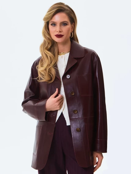 Бордовый женский кожаный пиджак премиум класса 3092, размер 46, артикул 24600-2