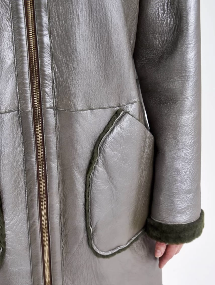 Женская двусторонняя дубленка из астрагана с мехом норки премиум класса 2018, хаки, размер 50, артикул 62770-4