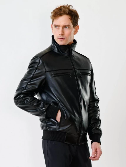 Короткая кожаная мужская дубленка бомбер 515, черная, размер 50, артикул 40200-1