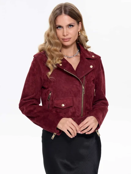 Женская замшевая куртка косуха с поясом премиум класса 3080з, бордовая, размер 42, артикул 24740-0