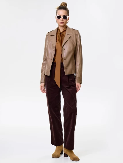 Короткий кожаный пиджак премиум класса для женщин 304, серо-коричневый, размер 46, артикул 23630-1