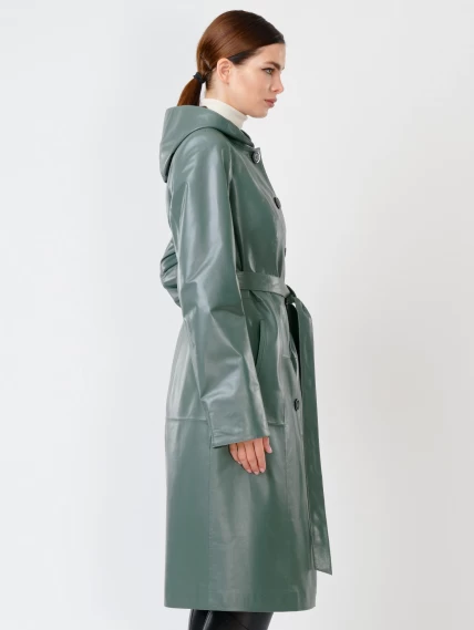 Кожаный женский утепленный плащ с капюшоном 380нш, размер 50, оливковый, артикул 91391-5