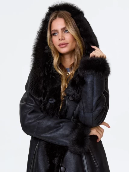 Черная женская дубленка из тосканы с капюшоном 132, размер 48, артикул 64590-0