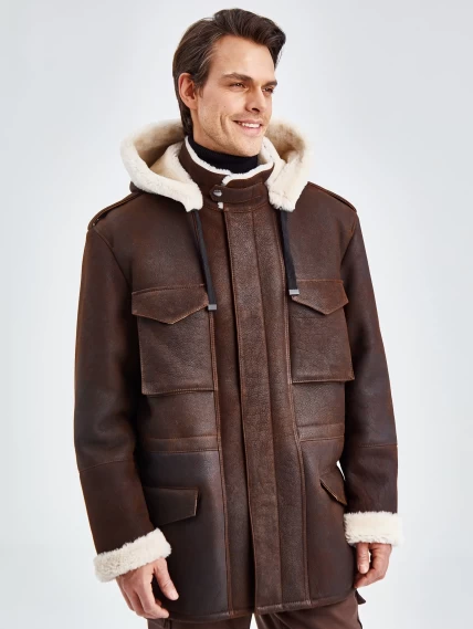 Дубленка мужская с капюшоном премиум класса 433, коричневая, размер 48, артикул 70750-3