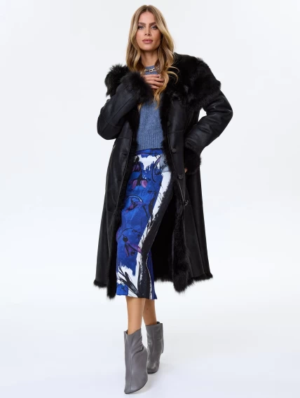 Черная женская дубленка из тосканы с капюшоном 132, размер 48, артикул 64590-2