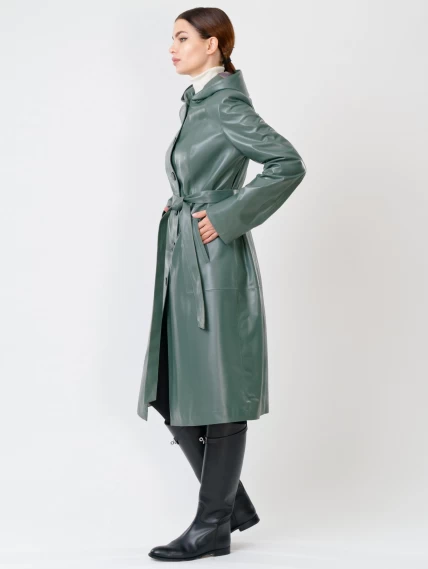 Кожаный женский утепленный плащ с капюшоном 380нш, размер 50, оливковый, артикул 91391-3