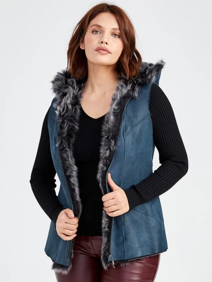 Демисезонный комплект женский: Меховой жилет 03(К) + Брюки 02, синий/бордовый, р. 48, арт. 111224-4