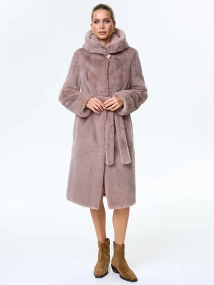 Норковая шуба женская с капюшоном под пояс Лолита(к), пудровая, размер 46, артикул 34170-1