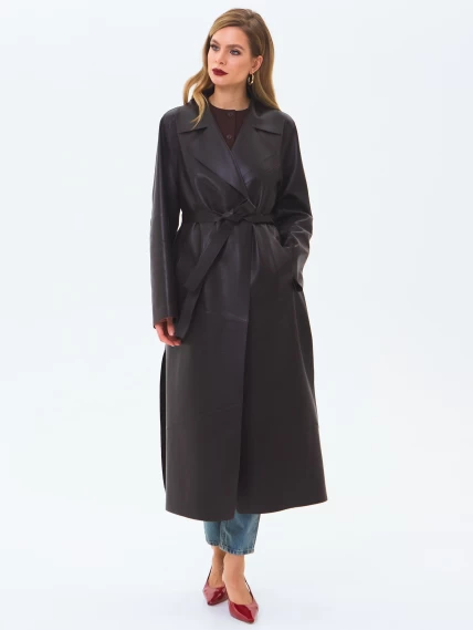 Длинный женский кожаный плащ премиум класса 3081, коричневый, размер 50, артикул 24660-1