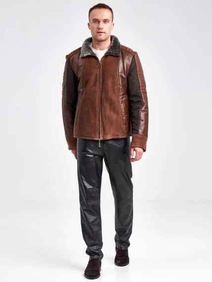 Комбинированная короткая мужская дубленка 40072, коричневый, размер 50, артикул 71230-5