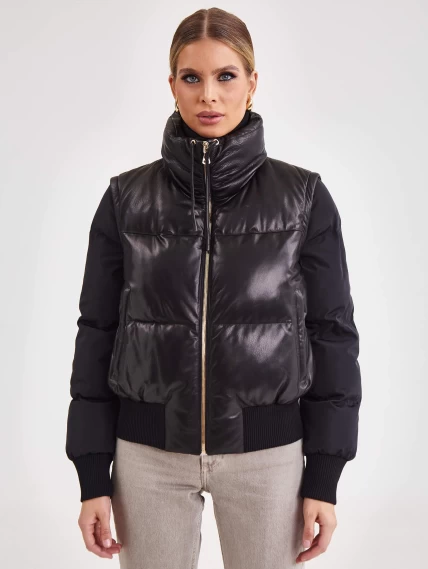 Комбинированный короткий кожаный женский пуховик премиум класса 3029, черный, размер 46, артикул 25330-6