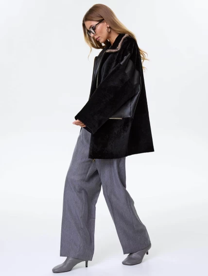 Дубленка на молнии с норковым воротником для женщин премиум класса 2057, черная, размер 52, артикул 62500-2