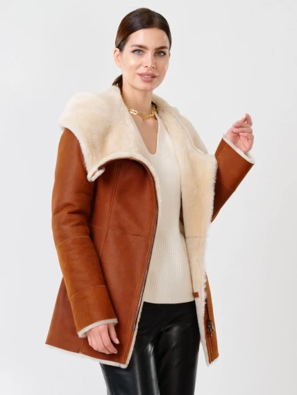 Короткая женская дубленка косуха с капюшоном 200, табачно-рыжая, размер 44, артикул 61701-6