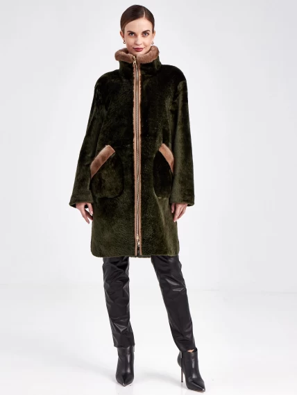 Женская двусторонняя дубленка из астрагана с мехом норки премиум класса 2018, хаки, размер 50, артикул 62771-1