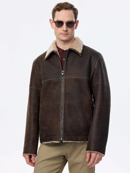Короткая дубленка из овчины керли премиум класса для мужчин 140, коричневая, размер 44, артикул 71510-0