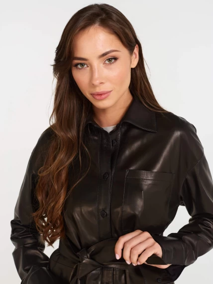 Кожаная женская рубашка с поясом из натуральной кожи 01_2, черная, размер 46, артикул 90532-0