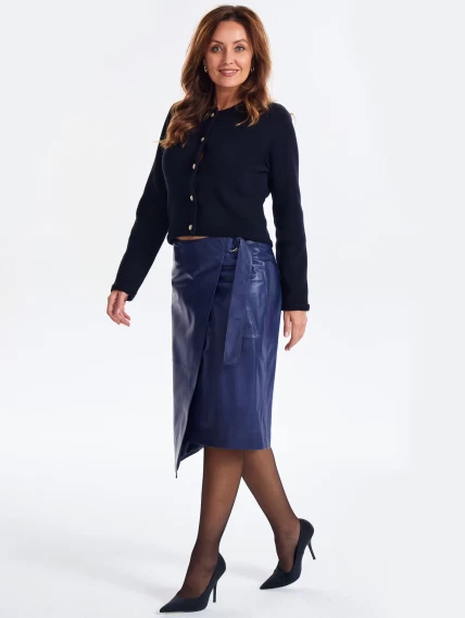 Кожаная юбка миди с запахом 07, синяя, размер 48, артикул 85371-5